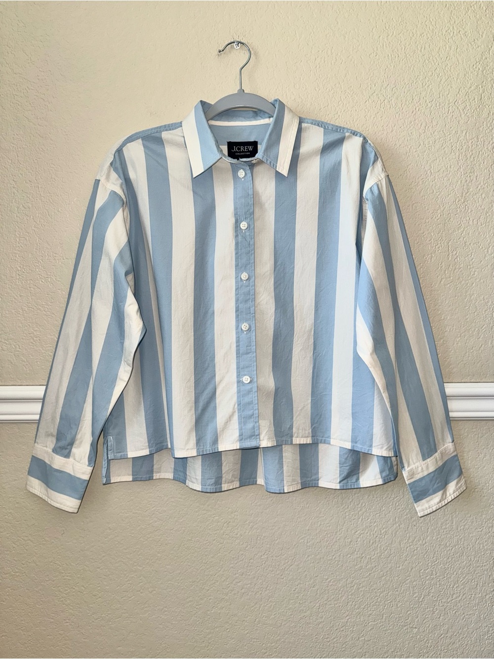 J. Crew 100% Cotton Cropped Button Down Shirt Striped Blue White Relaxed Fit 6